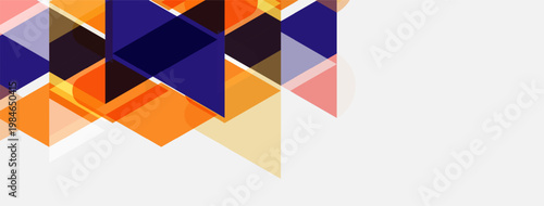 Abstract geometric shapes overlap, creating dynamic visual texture. Orange, purple, pink hues dominate composition. Minimalist design.