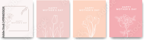 Minimalist Happy Mother's Day greeting card collection with hand drawn floral line art on blush pink pastel backgrounds.