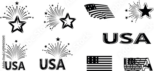 A collection of patriotic icons and symbols including fireworks, stars, and the American flag on a white background.