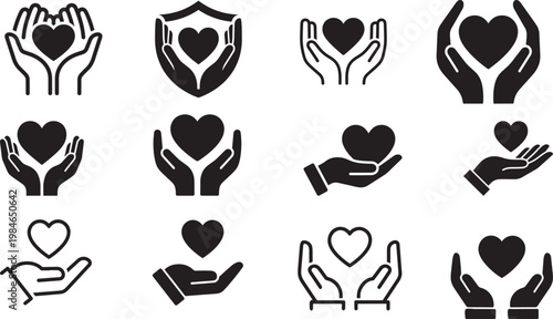 Heart in hand icons set. Hands holding heart icon. Love icon. Health, medicine symbol. Healthcare hands holding heart flat and line style - stock vector.