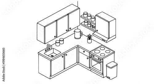 Modern Kitchen Layout Design with Appliances Isometric View