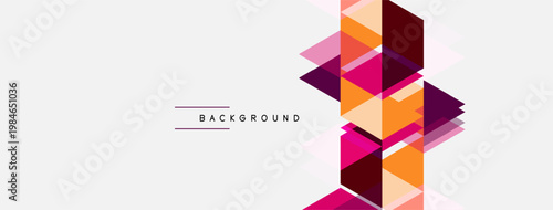 Abstract geometric shapes form vibrant pattern. Orange, purple, pink hues dominate design. Minimalist text reads background. Clean, modern aesthetic.