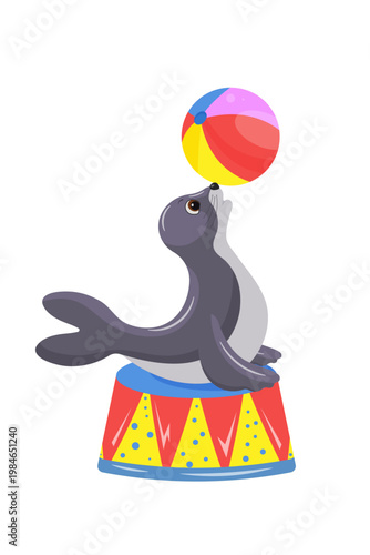 Vector illustration of a cute seal with a ball. Funny marine animal character in flat style, playful circus concept, children entertainment design.