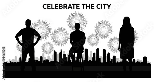 Silhouettes of people watching city fireworks celebration during night