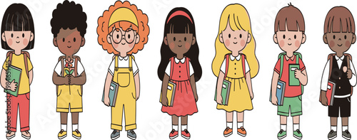 Diverse School Children Characters Vector Set with Cute Kids Holding Books, Multicultural Students Collection for Education, Classroom, Learning, and Back to School Illustration.