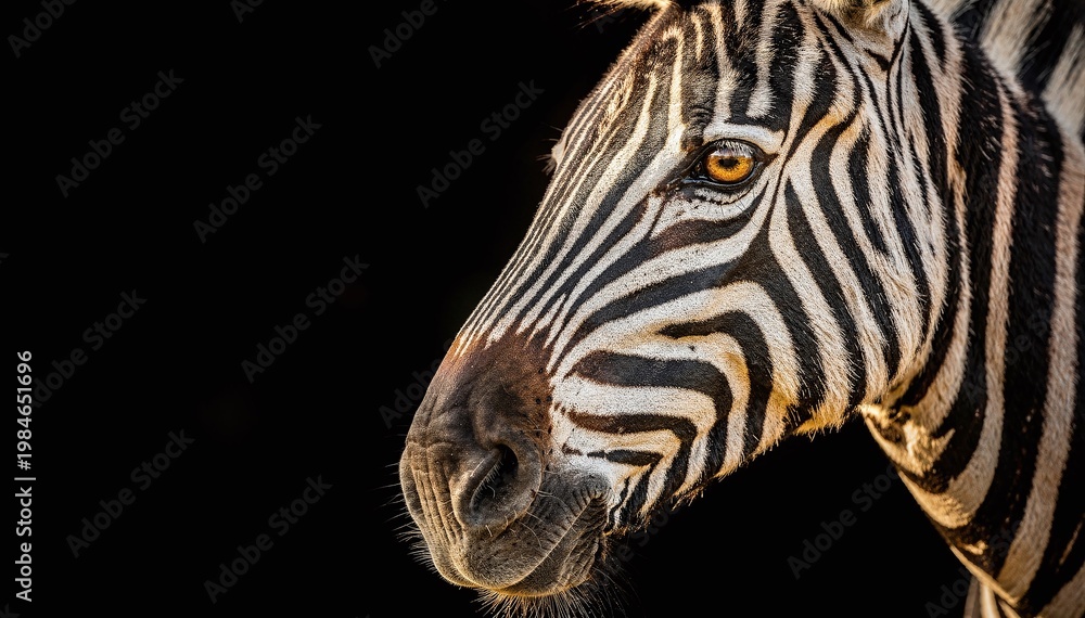 Naklejka premium Striking Close-Up Portrait of a Majestic Zebra with Detailed Striped Pattern and Intelligent Eye, Set Against a Deep Black Background, Highlighting Wildlife Grandeur