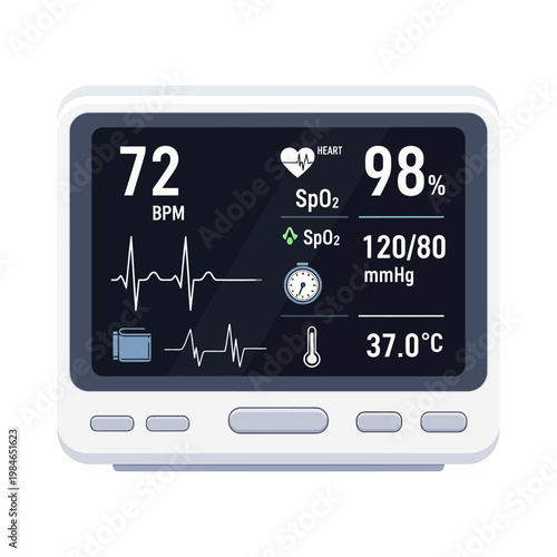 Vital Signs Monitor Displaying Heart Rate, Oxygen Saturation, Blood Pressure, and Temperature