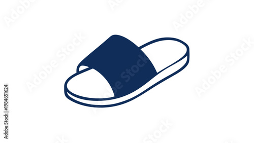 Minimalist dark blue slipper vector icon illustration, featuring a clean line art design of a comfortable slide sandal, perfect for footwear, summer, spa, and lifestyle graphic design projects.