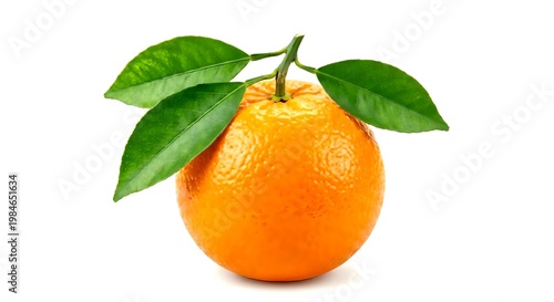 Ripe Orange Fruit with Fresh Green Leaves Isolated on White Background.