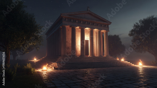 Space universe exploration, fantasy. A nighttime scene features a grand, classicalstyle temple with a pediment adorned with intricate carvings. The temple is illuminated by soft, golden light.