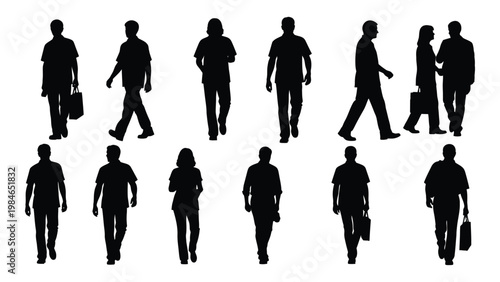 A collection of black silhouettes depicting diverse people walking and standing in various poses high quality