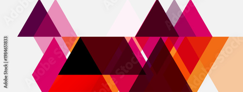 Geometric shapes, triangles dominate composition. Shades range from pinks, oranges, reds, black. Minimalist design, modern aesthetic.