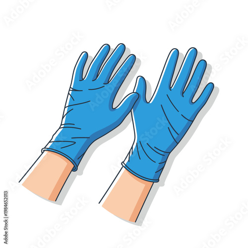 Blue Medical Gloves on Hands, Cartoon Style, Isolated on White Background