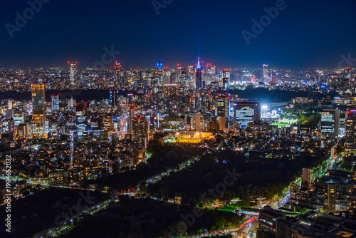 東京都港区 六本木ヒルズから望む青山霊園の暗闇と密集する新宿副都心の夜景