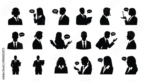 Silhouettes of business people communicating presenting and interacting in various professional scenarios high quality detailed modern
