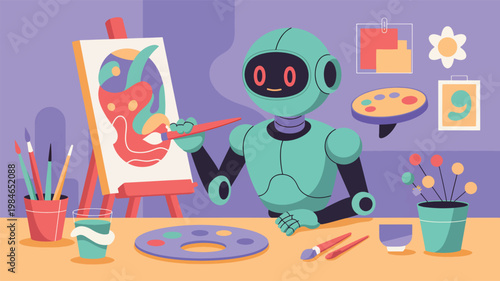 Turquoise robot painting an abstract colorful scene on a wooden easel in a bright studio room, android