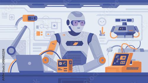 Humanoid robot working at a desk with a laptop, electronic components, and a robotic arm in a lab