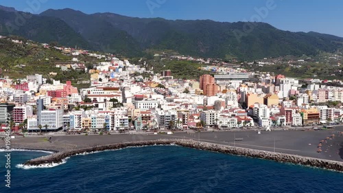 Aerial View Santa Cruz de La Palma City Waterfront and Port Canary Islands Spain; Historic Old Town Black Sand Beach and Cruise Ship Harbor