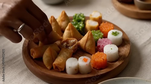Assortment of Delicious Appetizers Served on a Wooden Platter.