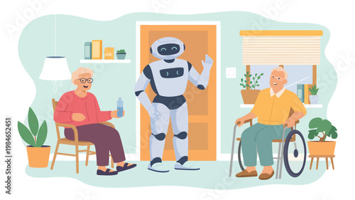 An elderly couple sitting in a living room with a friendly humanoid robot assistant waving