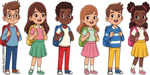 Diverse School Children with Backpacks Standing Together, Cute Multicultural Kids Characters Vector Illustration for Education, Elementary Learning and Back to School Concept.