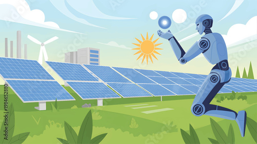 Blue robot kneeling in a field of solar panels with a wind turbine and a yellow sun in the background