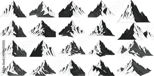 Mountain Peaks Vector Illustration Set with Hand Drawn Black and White Landscape Silhouettes Collection