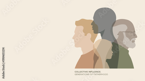 A graphic representation of diverse individuals, showcasing generational influence and shared identity. The artwork conveys themes of collective impact, the progression of fatherhood.