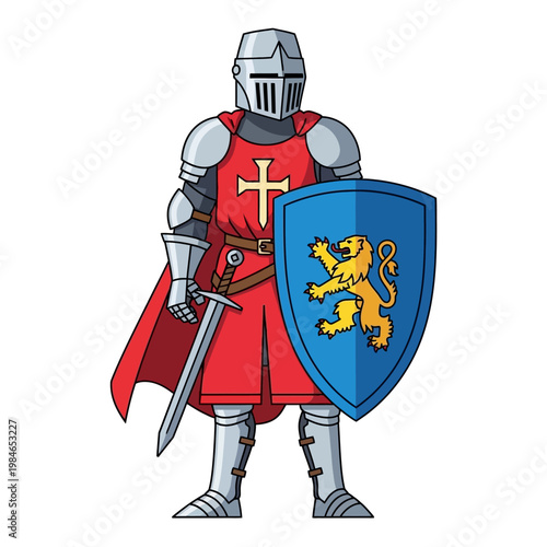Medieval Knight with Lion Shield, Sword, and Red Cape - Full Body Illustration