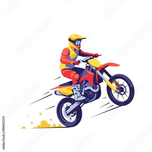 Motocross rider performing a wheelie on a dirt bike, dynamic action illustration