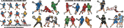 Collection of lacrosse players in action poses with sticks  helmets  uniforms and equipment. Sports illustration set ideal for design  training materials and athletic graphics. Isolated on white