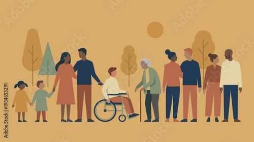 A diverse community of people gathered together in a park setting, with a focus on inclusion and unity. The image highlights a variety of people, including those with disabilities and the elderly