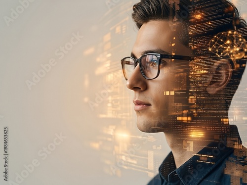 A man with glasses gazes forward, surrounded by digital patterns.