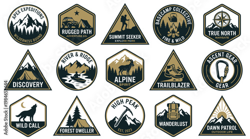 A collection of various outdoor adventure badges with mountain and nature elements, with camping tent, compass, pickaxe, wolf, mountaineer elements