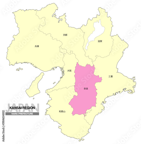 [日本地図] 関西地方 奈良県の府県名入り位置地図