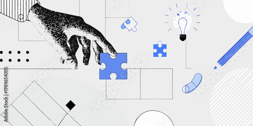 A hand placing a puzzle piece amidst concepts of innovation and problem solving