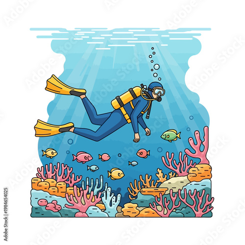 Scuba Diver Exploring Vibrant Coral Reef with Colorful Fish and Sunbeams