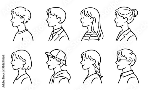 Side profile people line art set, male and female avatars, minimal outline illustration, various hairstyles and outfits,/ 横顔人物線画男女アイコンセット・ベクター