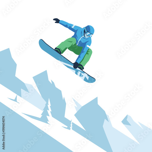 Snowboarder Jumps Off Snowy Mountain Peak, Winter Extreme Sports Action