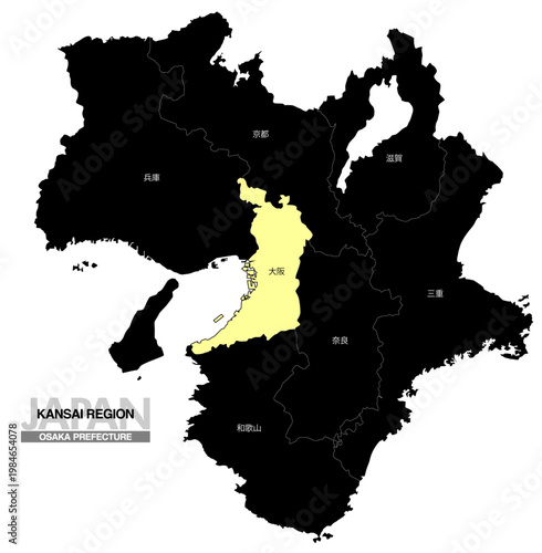 [日本地図] 関西地方の大阪府の府県名入り位置地図