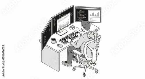 Minimalist Illustration of a Software Developer Working at a Desk with Triple Monitor Setup for Coding and Data Analysis