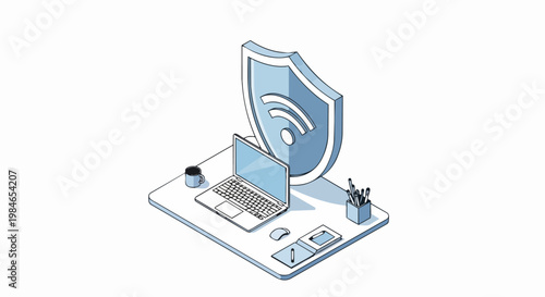 Cybersecurity and Secure Wi-Fi Network Concept: Isometric Laptop with Protection Shield on Workspace Desk for Data Privacy and Internet Safety Illustration