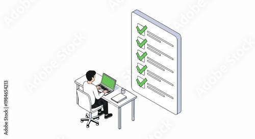 Isometric Illustration of Man at Laptop with Large Checklist for Productivity and Goal Achievement