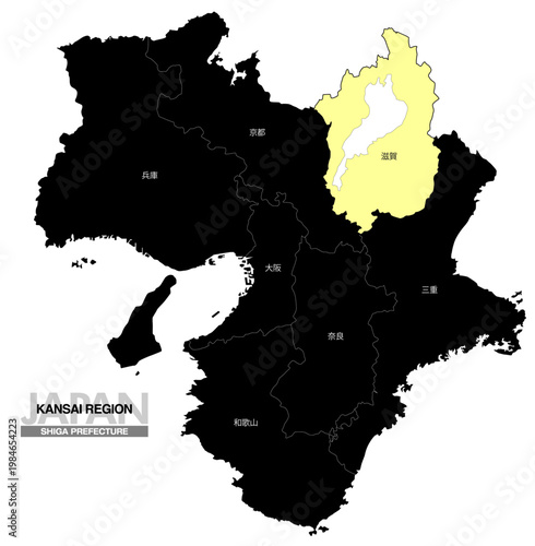 [日本地図] 関西地方 滋賀県の府県名入り位置地図