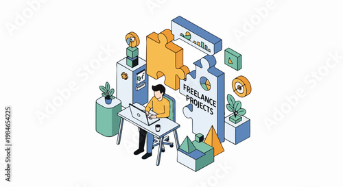 Isometric Illustration of a Freelance Professional Working on a Laptop Surrounded by Business Data and Puzzle Pieces Representing Project Management and Solutions