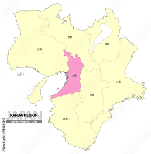 [日本地図] 関西地方の大阪府の府県名入り位置地図