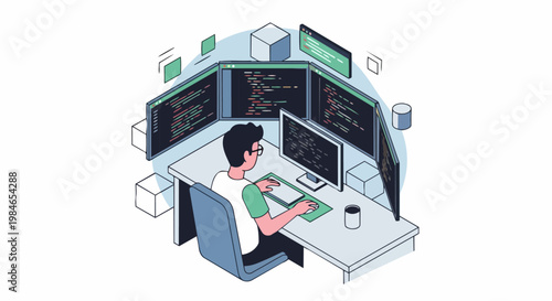 Isometric Vector Illustration of a Software Developer Working at a Multi-Monitor Desk Setup, Programmer Coding on Multiple Screens for Web and App Development