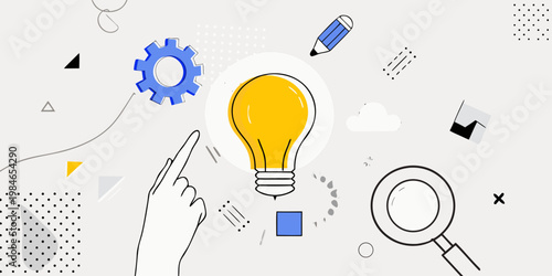 Creative idea concept with lightbulb gears and hand pointing upwards
