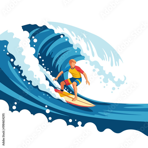 Surfer Riding Big Wave, Ocean Surf, Summer Sport, Action Illustration