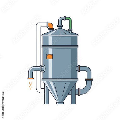 Industrial Silo Tank with Pipes and Valves, Chemical or Food Processing Equipment